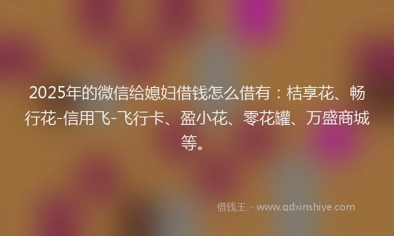 2025年的微信给媳妇借钱怎么借有：桔享花、畅行花-信用飞-飞行卡、盈小花、零花罐、万盛商城等。