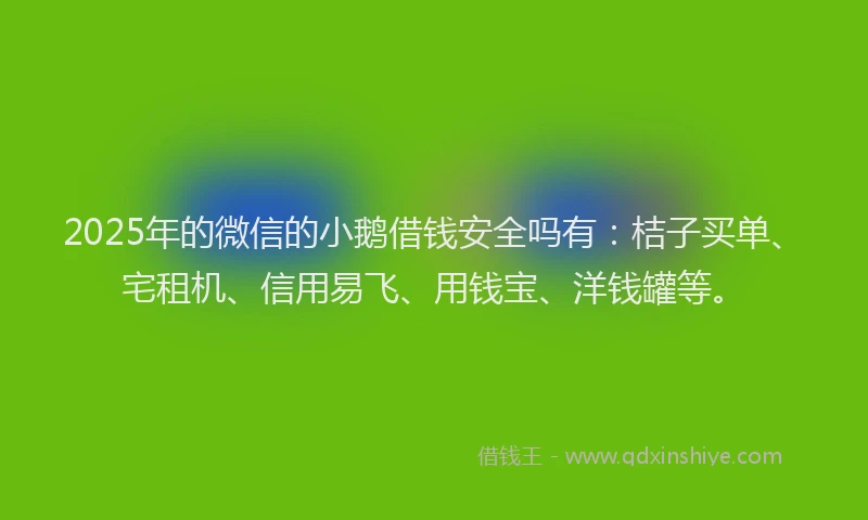 2025年的微信的小鹅借钱安全吗有：桔子买单、宅租机、信用易飞、用钱宝、洋钱罐等。