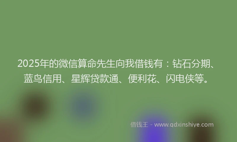 2025年的微信算命先生向我借钱有：钻石分期、蓝鸟信用、星辉贷款通、便利花、闪电侠等。