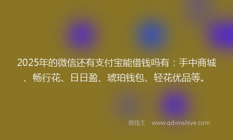 2025年的微信还有支付宝能借钱吗有：手中商城、畅行花、日日盈、琥珀钱包、轻花优品等。