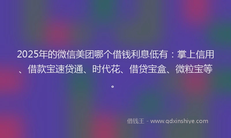 2025年的微信美团哪个借钱利息低有：掌上信用、借款宝速贷通、时代花、借贷宝盒、微粒宝等。
