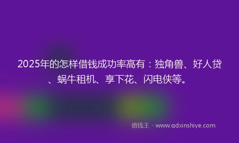 2025年的怎样借钱成功率高有：独角兽、好人贷、蜗牛租机、享下花、闪电侠等。