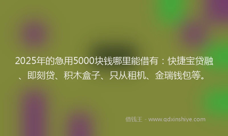 2025年的急用5000块钱哪里能借有：快捷宝贷融、即刻贷、积木盒子、只从租机、金瑞钱包等。
