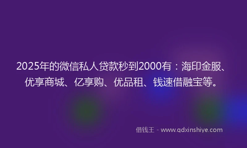 2025年的微信私人贷款秒到2000有：海印金服、优享商城、亿享购、优品租、钱速借融宝等。
