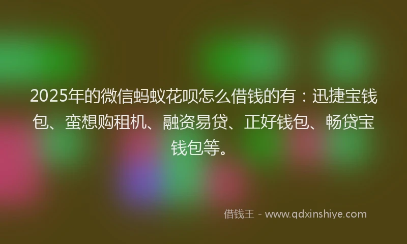 2025年的微信蚂蚁花呗怎么借钱的有：迅捷宝钱包、蛮想购租机、融资易贷、正好钱包、畅贷宝钱包等。