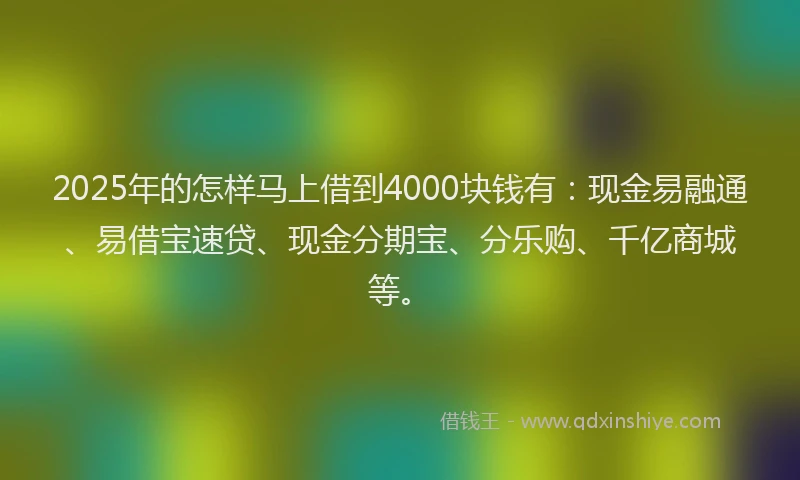2025年的怎样马上借到4000块钱有：现金易融通、易借宝速贷、现金分期宝、分乐购、千亿商城等。