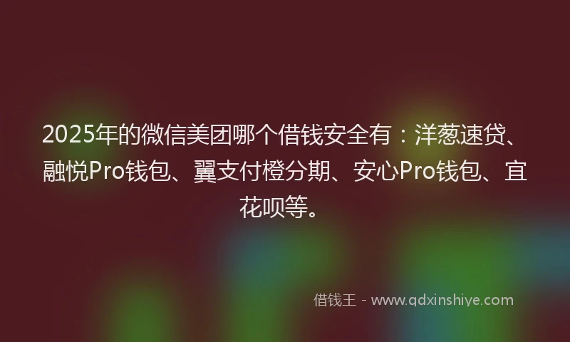 2025年的微信美团哪个借钱安全有：洋葱速贷、融悦Pro钱包、翼支付橙分期、安心Pro钱包、宜花呗等。