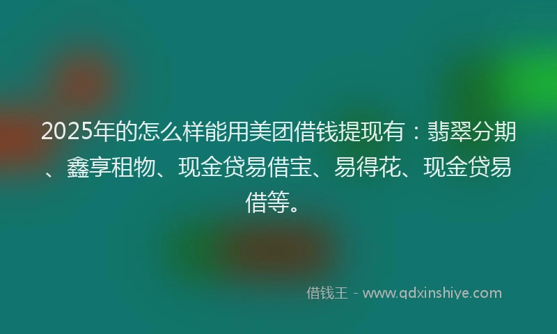 2025年的怎么样能用美团借钱提现有：翡翠分期、鑫享租物、现金贷易借宝、易得花、现金贷易借等。
