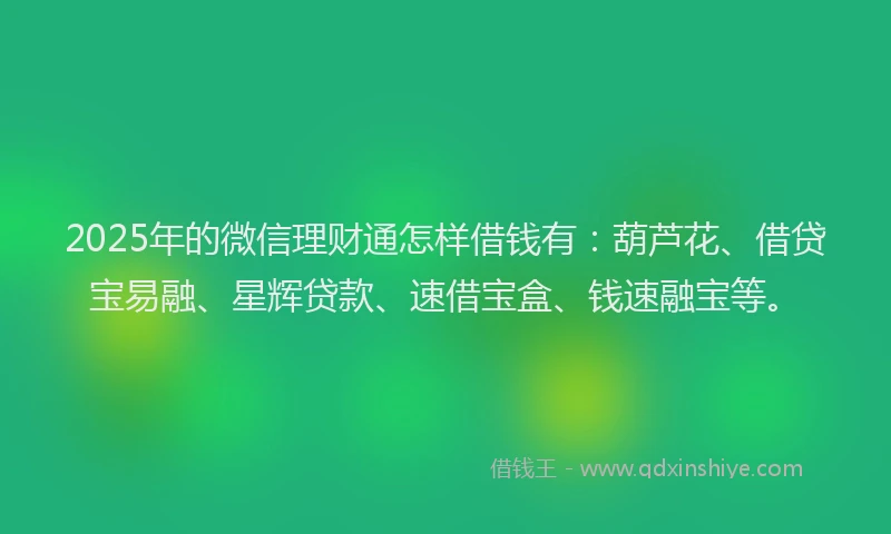 2025年的微信理财通怎样借钱有：葫芦花、借贷宝易融、星辉贷款、速借宝盒、钱速融宝等。