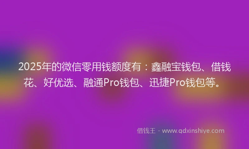 2025年的微信零用钱额度有：鑫融宝钱包、借钱花、好优选、融通Pro钱包、迅捷Pro钱包等。