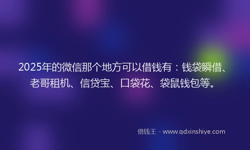 2025年的微信那个地方可以借钱有：钱袋瞬借、老哥租机、信贷宝、口袋花、袋鼠钱包等。