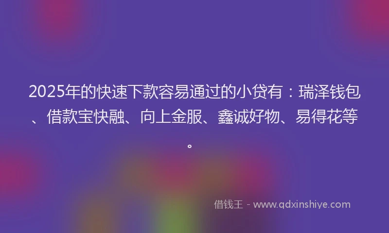 2025年的快速下款容易通过的小贷有：瑞泽钱包、借款宝快融、向上金服、鑫诚好物、易得花等。