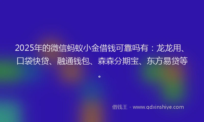 2025年的微信蚂蚁小金借钱可靠吗有：龙龙用、口袋快贷、融通钱包、森森分期宝、东方易贷等。