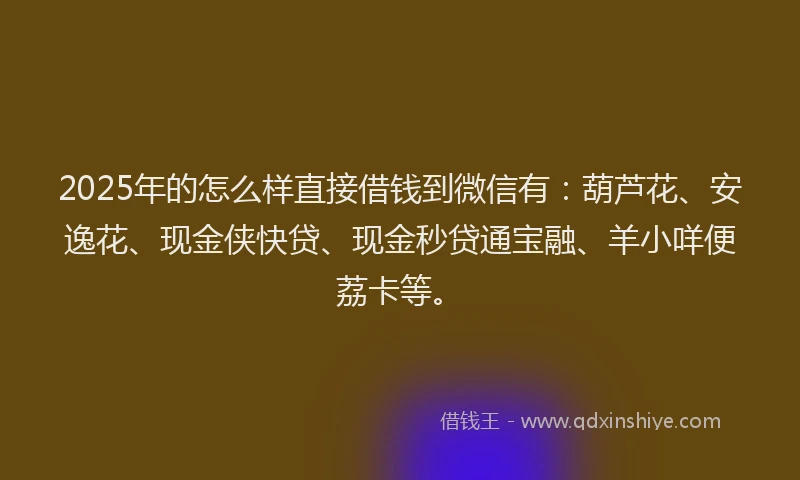 2025年的怎么样直接借钱到微信有：葫芦花、安逸花、现金侠快贷、现金秒贷通宝融、羊小咩便荔卡等。