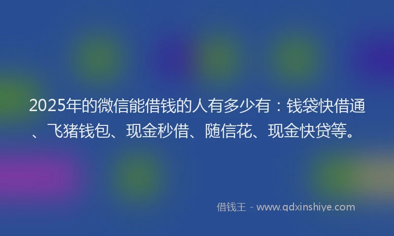 2025年的微信能借钱的人有多少有：钱袋快借通、飞猪钱包、现金秒借、随信花、现金快贷等。