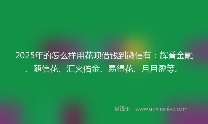 2025年的怎么样用花呗借钱到微信有：辉誉金融、随信花、汇火佑金、易得花、月月盈等。