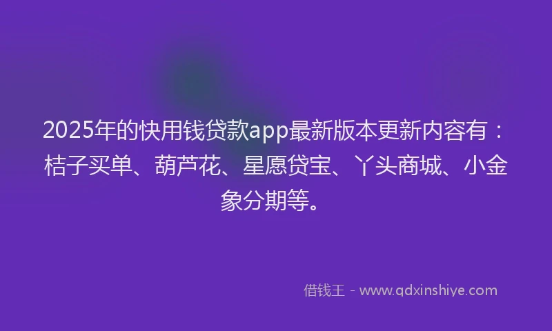 2025年的快用钱贷款app最新版本更新内容有：桔子买单、葫芦花、星愿贷宝、丫头商城、小金象分期等。