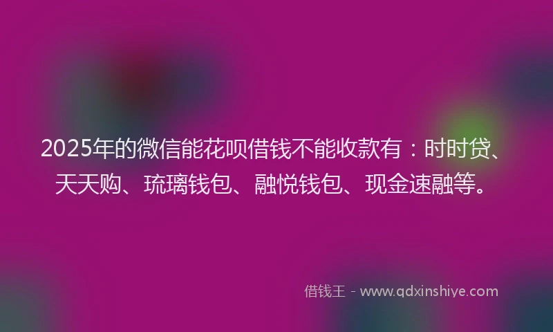 2025年的微信能花呗借钱不能收款有：时时贷、天天购、琉璃钱包、融悦钱包、现金速融等。
