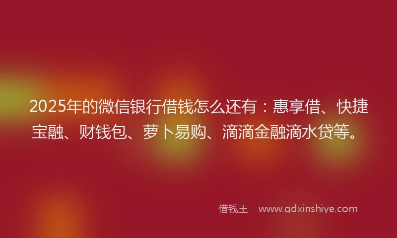 2025年的微信银行借钱怎么还有：惠享借、快捷宝融、财钱包、萝卜易购、滴滴金融滴水贷等。