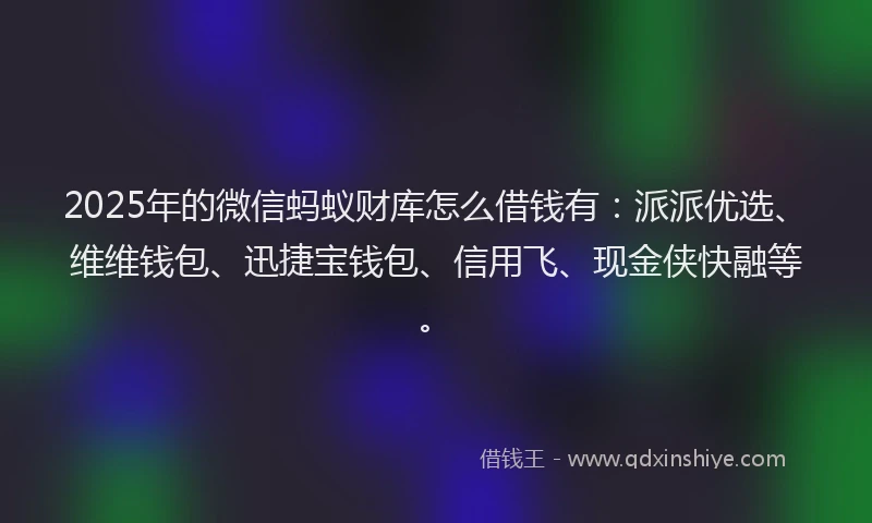 2025年的微信蚂蚁财库怎么借钱有：派派优选、维维钱包、迅捷宝钱包、信用飞、现金侠快融等。