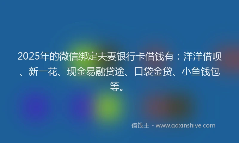 2025年的微信绑定夫妻银行卡借钱有：洋洋借呗、新一花、现金易融贷途、口袋金贷、小鱼钱包等。