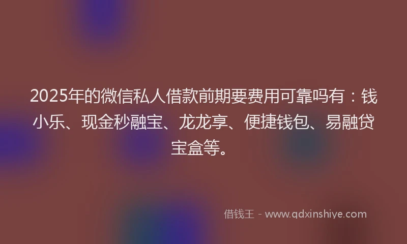 2025年的微信私人借款前期要费用可靠吗有：钱小乐、现金秒融宝、龙龙享、便捷钱包、易融贷宝盒等。