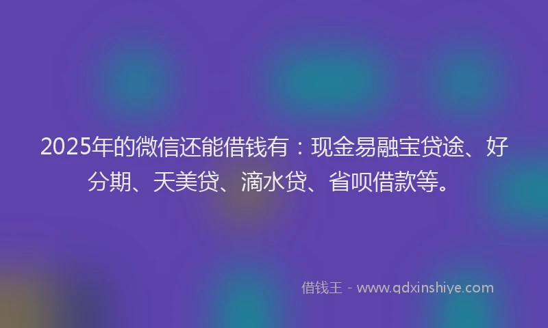 2025年的微信还能借钱有：现金易融宝贷途、好分期、天美贷、滴水贷、省呗借款等。