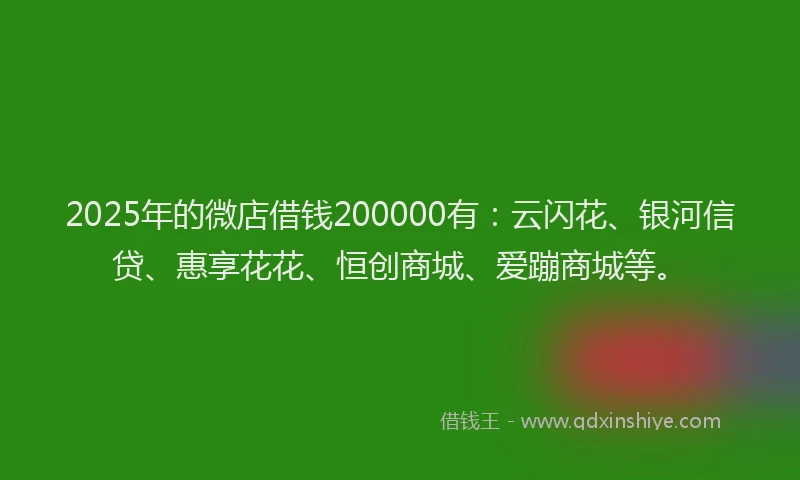 2025年的微店借钱200000有：云闪花、银河信贷、惠享花花、恒创商城、爱蹦商城等。
