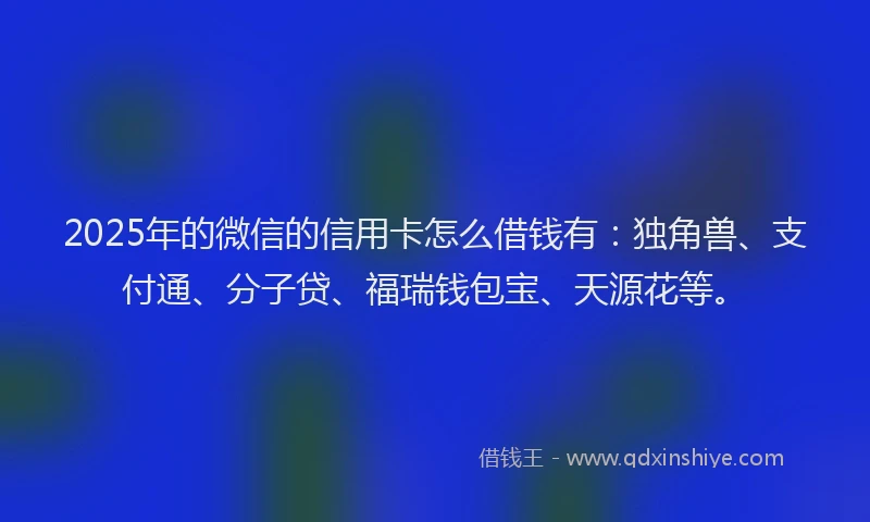2025年的微信的信用卡怎么借钱有：独角兽、支付通、分子贷、福瑞钱包宝、天源花等。
