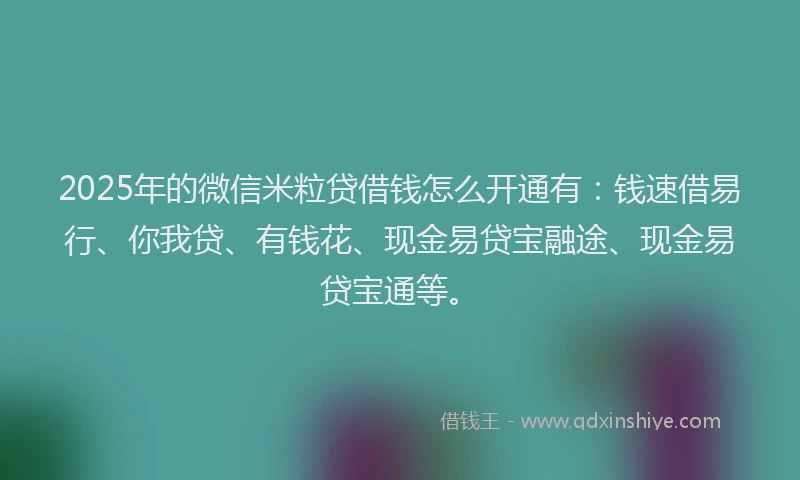 2025年的微信米粒贷借钱怎么开通有：钱速借易行、你我贷、有钱花、现金易贷宝融途、现金易贷宝通等。