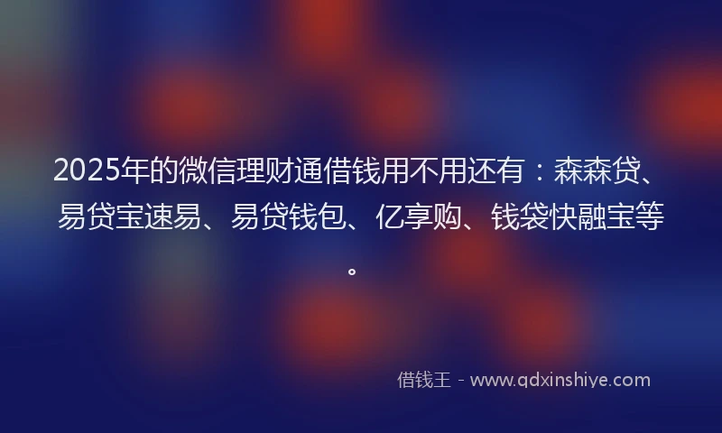 2025年的微信理财通借钱用不用还有：森森贷、易贷宝速易、易贷钱包、亿享购、钱袋快融宝等。