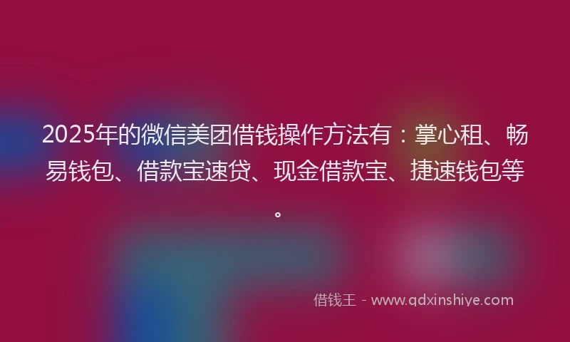 2025年的微信美团借钱操作方法有：掌心租、畅易钱包、借款宝速贷、现金借款宝、捷速钱包等。