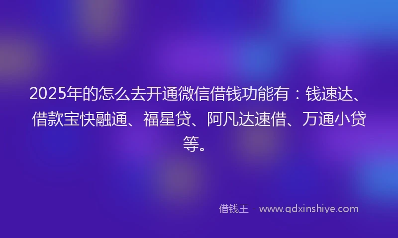 2025年的怎么去开通微信借钱功能有：钱速达、借款宝快融通、福星贷、阿凡达速借、万通小贷等。