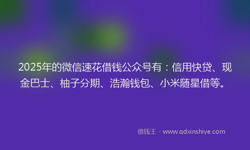 2025年的微信速花借钱公众号有：信用快贷、现金巴士、柚子分期、浩瀚钱包、小米随星借等。