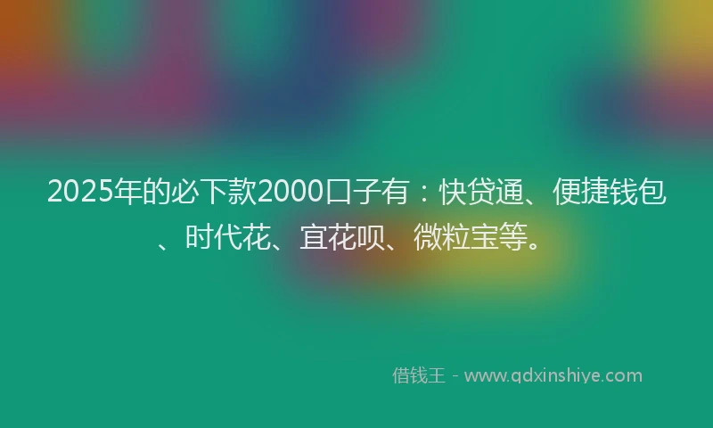 2025年的必下款2000口子有：快贷通、便捷钱包、时代花、宜花呗、微粒宝等。