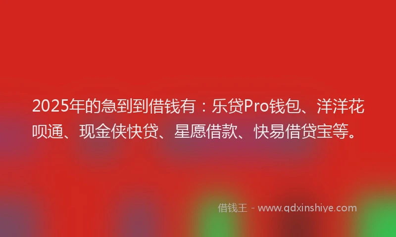 2025年的急到到借钱有：乐贷Pro钱包、洋洋花呗通、现金侠快贷、星愿借款、快易借贷宝等。