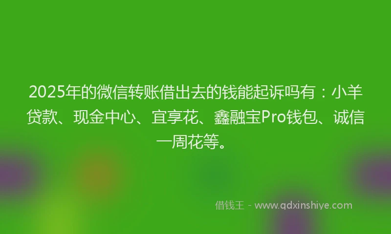 2025年的微信转账借出去的钱能起诉吗有：小羊贷款、现金中心、宜享花、鑫融宝Pro钱包、诚信一周花等。