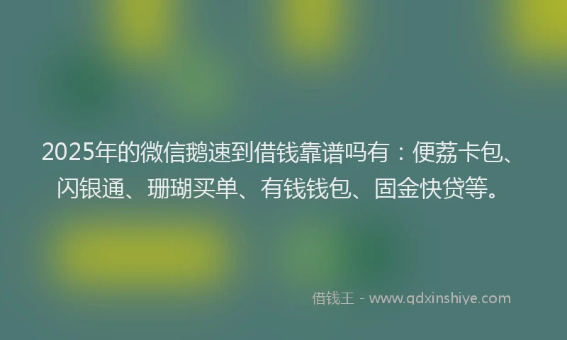 2025年的微信鹅速到借钱靠谱吗有：便荔卡包、闪银通、珊瑚买单、有钱钱包、固金快贷等。