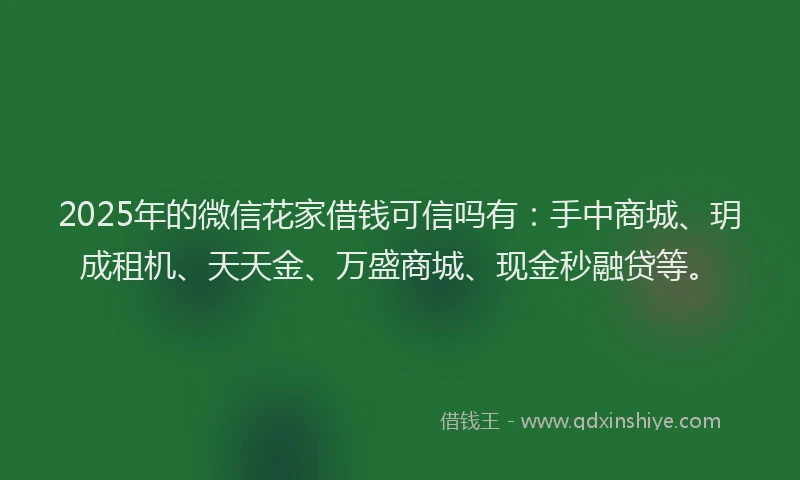 2025年的微信花家借钱可信吗有：手中商城、玥成租机、天天金、万盛商城、现金秒融贷等。