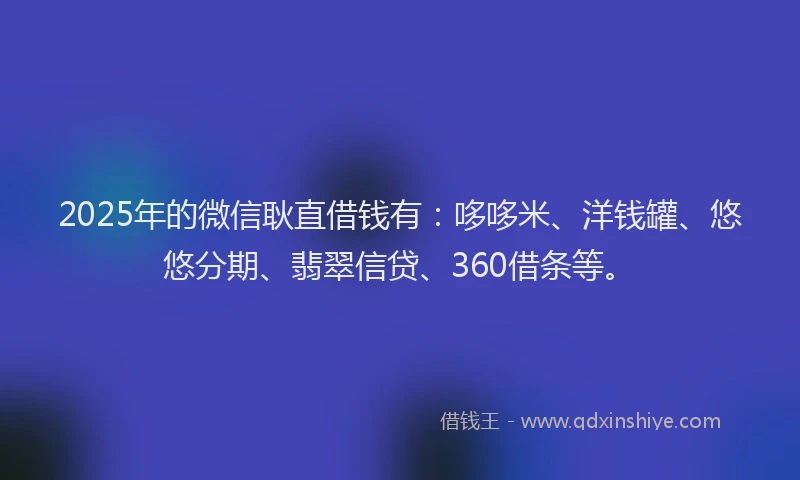 2025年的微信耿直借钱有：哆哆米、洋钱罐、悠悠分期、翡翠信贷、360借条等。