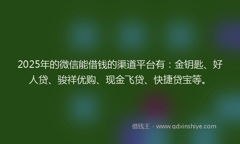 2025年的微信能借钱的渠道平台有：金钥匙、好人贷、骏祥优购、现金飞贷、快捷贷宝等。