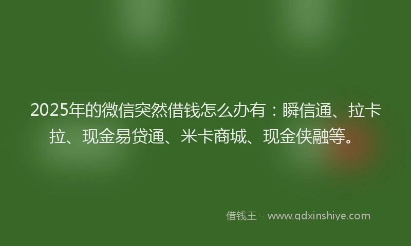 2025年的微信突然借钱怎么办有：瞬信通、拉卡拉、现金易贷通、米卡商城、现金侠融等。