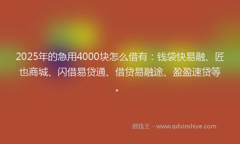 2025年的急用4000块怎么借有：钱袋快易融、匠也商城、闪借易贷通、借贷易融途、盈盈速贷等。
