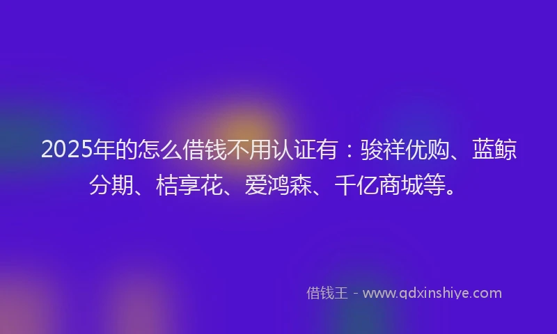 2025年的怎么借钱不用认证有：骏祥优购、蓝鲸分期、桔享花、爱鸿森、千亿商城等。