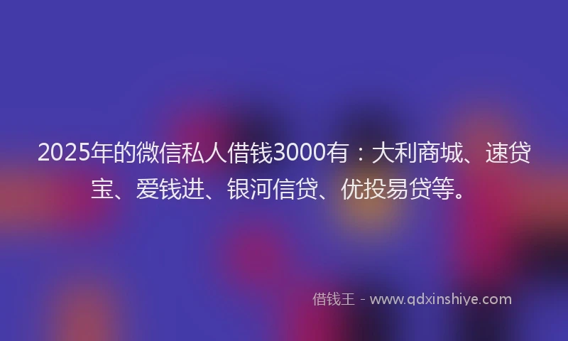 2025年的微信私人借钱3000有：大利商城、速贷宝、爱钱进、银河信贷、优投易贷等。