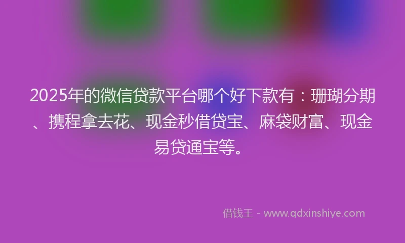 2025年的微信贷款平台哪个好下款有：珊瑚分期、携程拿去花、现金秒借贷宝、麻袋财富、现金易贷通宝等。