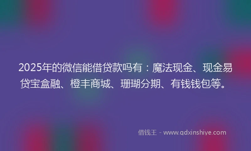 2025年的微信能借贷款吗有：魔法现金、现金易贷宝盒融、橙丰商城、珊瑚分期、有钱钱包等。