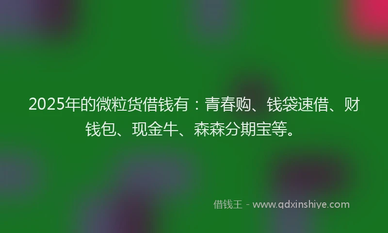 2025年的微粒货借钱有：青春购、钱袋速借、财钱包、现金牛、森森分期宝等。
