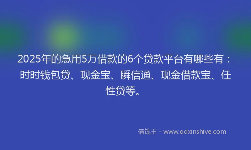 2025年的急用5万借款的6个贷款平台有哪些有：时时钱包贷、现金宝、瞬信通、现金借款宝、任性贷等。