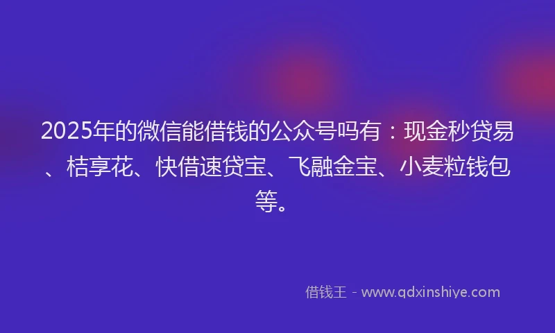 2025年的微信能借钱的公众号吗有：现金秒贷易、桔享花、快借速贷宝、飞融金宝、小麦粒钱包等。